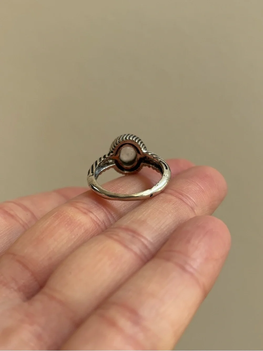 Silver Tone Ornate Oval Ring with Smokey Grey Stone